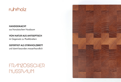Schneidebrett - französischer Nussbaum - Stirnholz - Größe 40 x 30 x 3 cm - rutschfeste Edelstahlfüße - ruhrholz