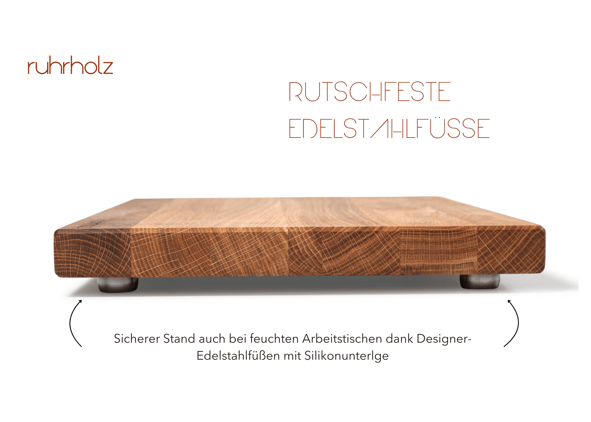 Schneidebrett aus Eiche in der Größe 40 x 30 x 3 cm - rutschfeste Edelstahlfüße - ruhrholz