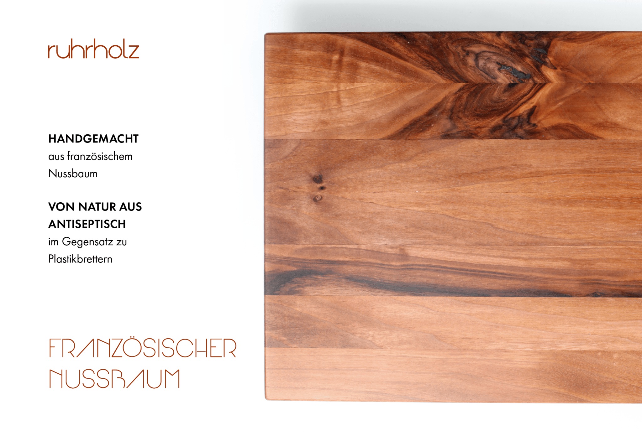 Schneidebrett aus französischem Nussbaum in Größe XL 60 x 30 x 3 cm - rutschfeste Edelstahlfüße - ruhrholz