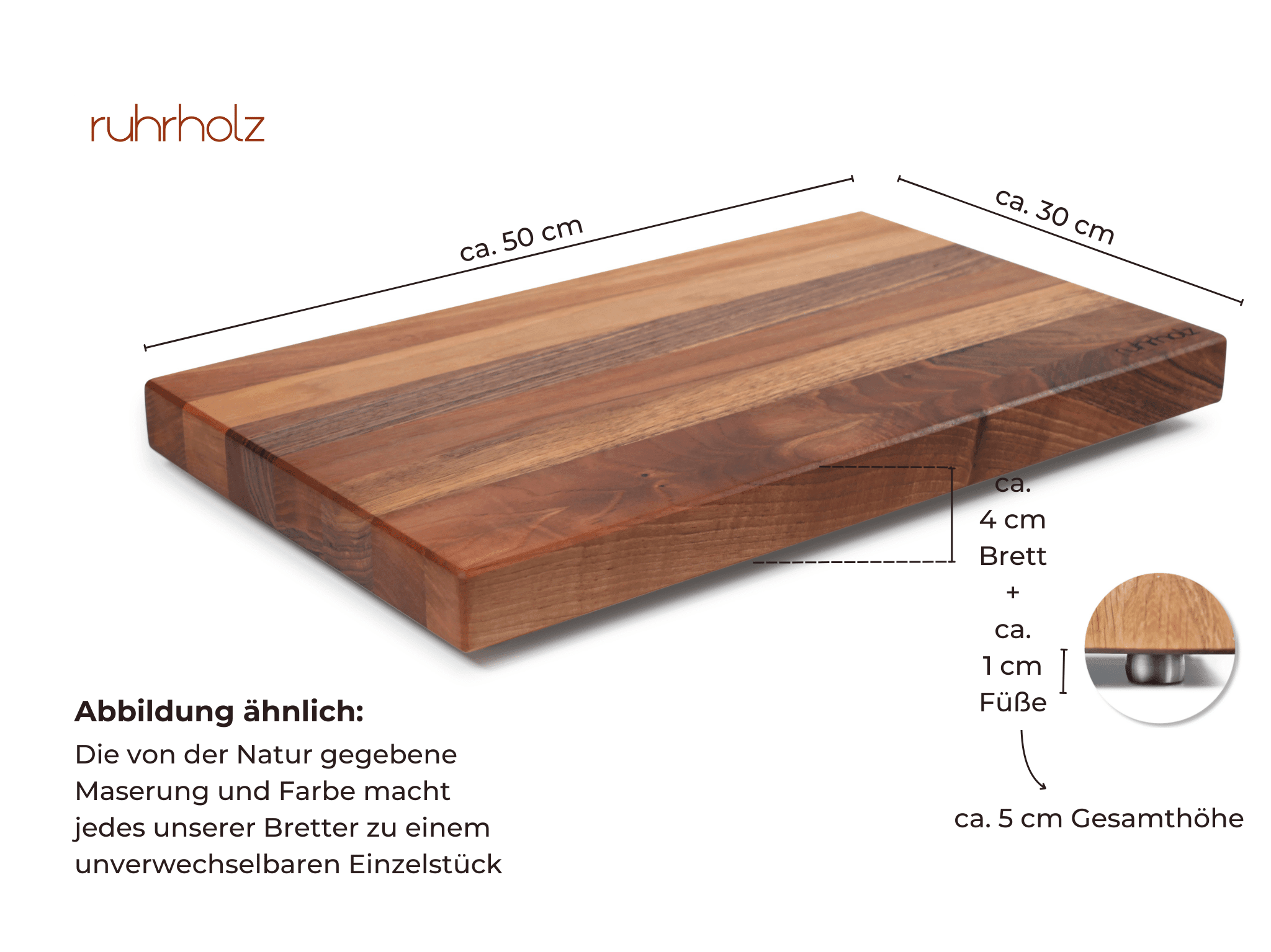 Schneidebrett - französischer Nussbaum - Langholz - Größe 50 x 30 x 4 cm - rutschfeste Edelstahlfüße - ruhrholz